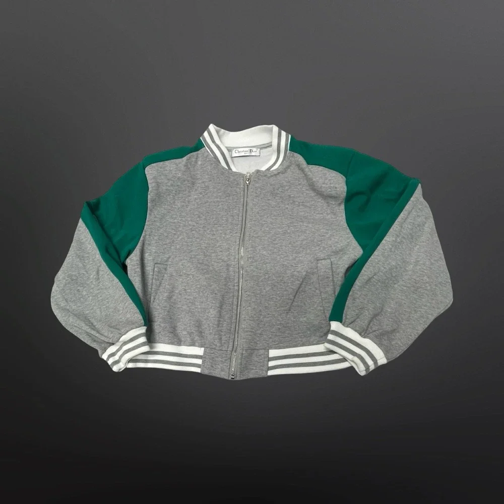 Christian Dior Edmonton Oilers Varsity Bomber Jacket Womens Crop Green‎ Grey L - Picture 2 of 10